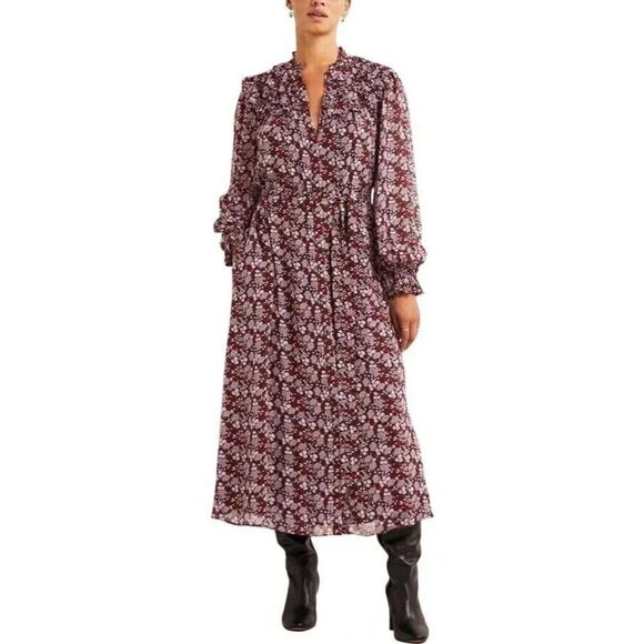 Boden Dresses & Skirts - Boden Womens Midi Dress UK 8R US 4R Brown Purple Floral Ruffle Yoke D0307 NWT